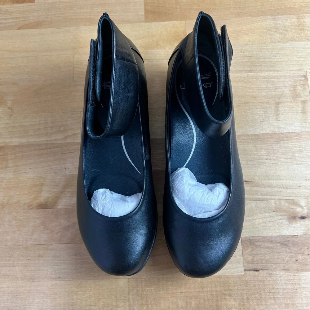 Dansko Shoes Lulu Size 37 Black Leather Ankle Strap Wedge Mary Jane Hook Loop